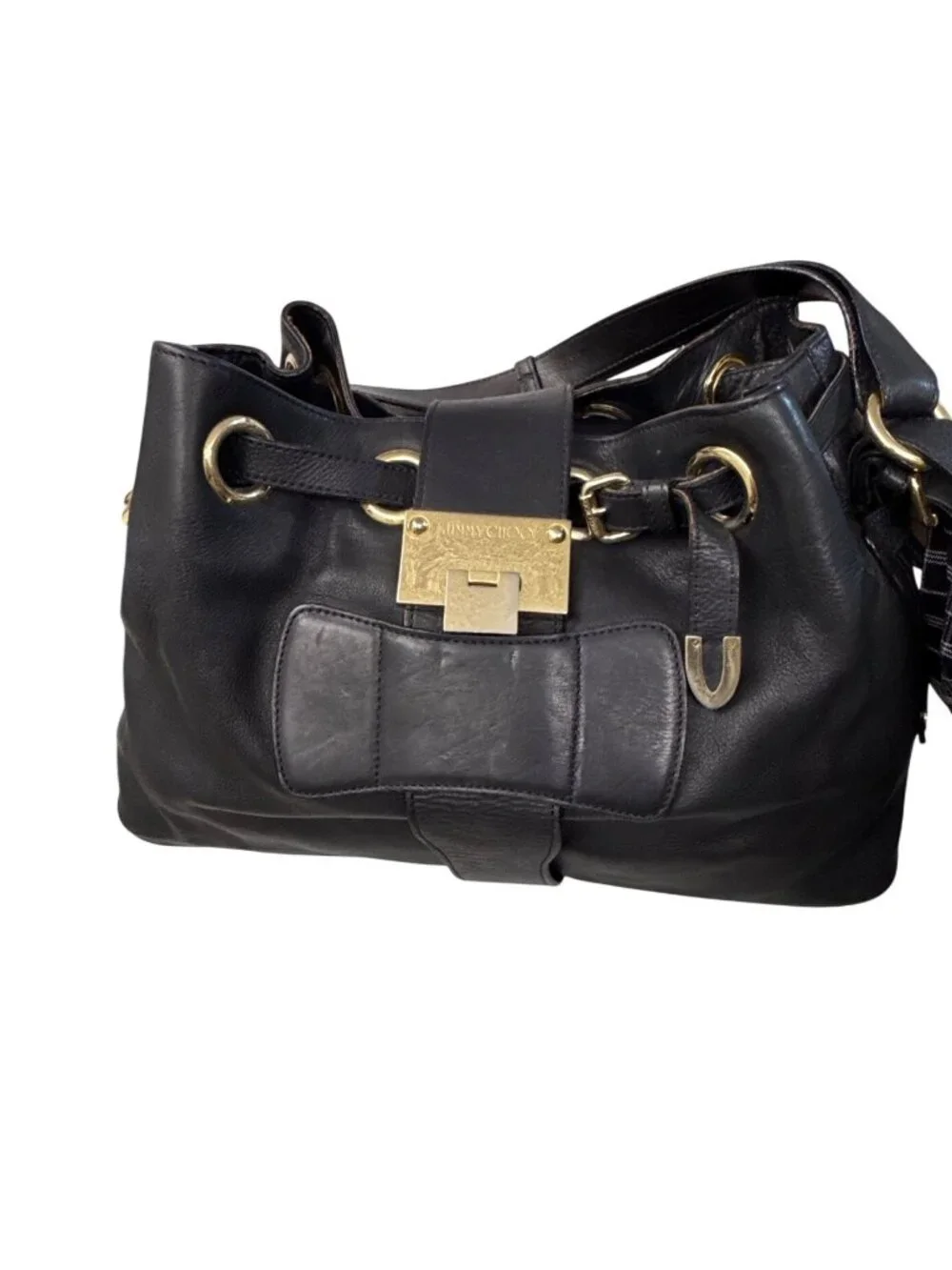 Jimmy Choo Black Leather Ramona Shoulder Bag Gold Tone Hardware Authentic, Italy